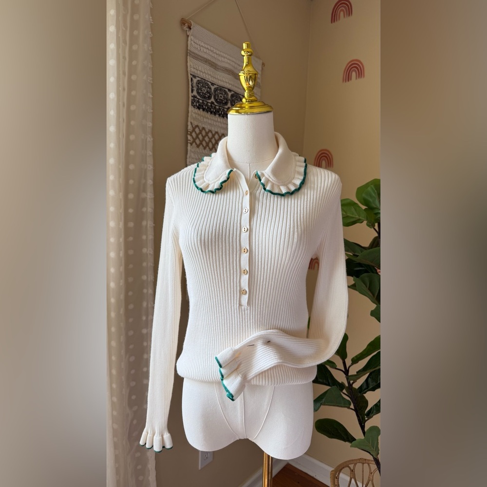 White Ribbed Sweater with Green Trim